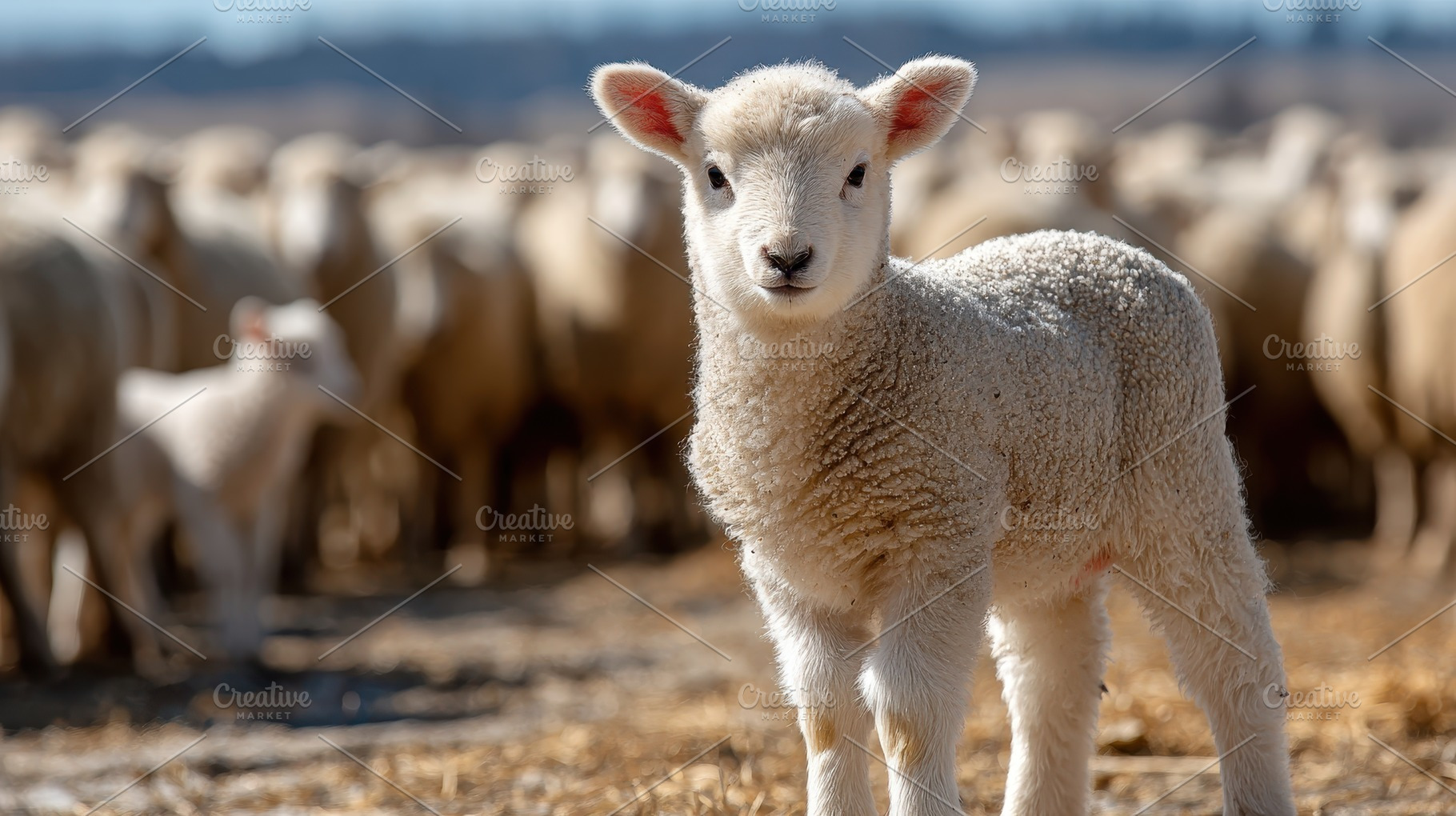 Adorable Lamb in a Flock of Sheep Su, a Photo by Pixeness Studio