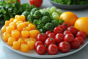 Freshly arranged colorful fruits and, a Photo by Tanuart