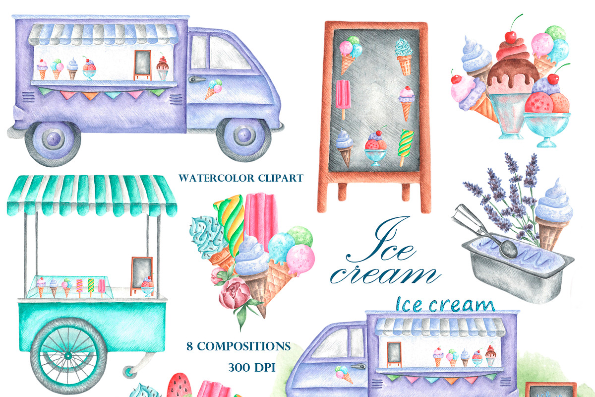 Ice cream watercolor set., a Food Illustration by SabinaWatercolorArt (Photo 3 of 17)