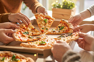 Friends Sharing Pizza Slices Together, a Photo by Davizro's Market