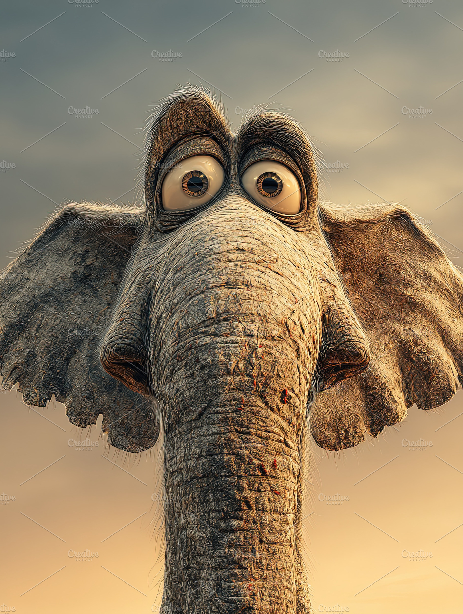 Whimsical close-up of a cartoon elephant with large eyes and exp, an Abstract Photo by Ales Munt