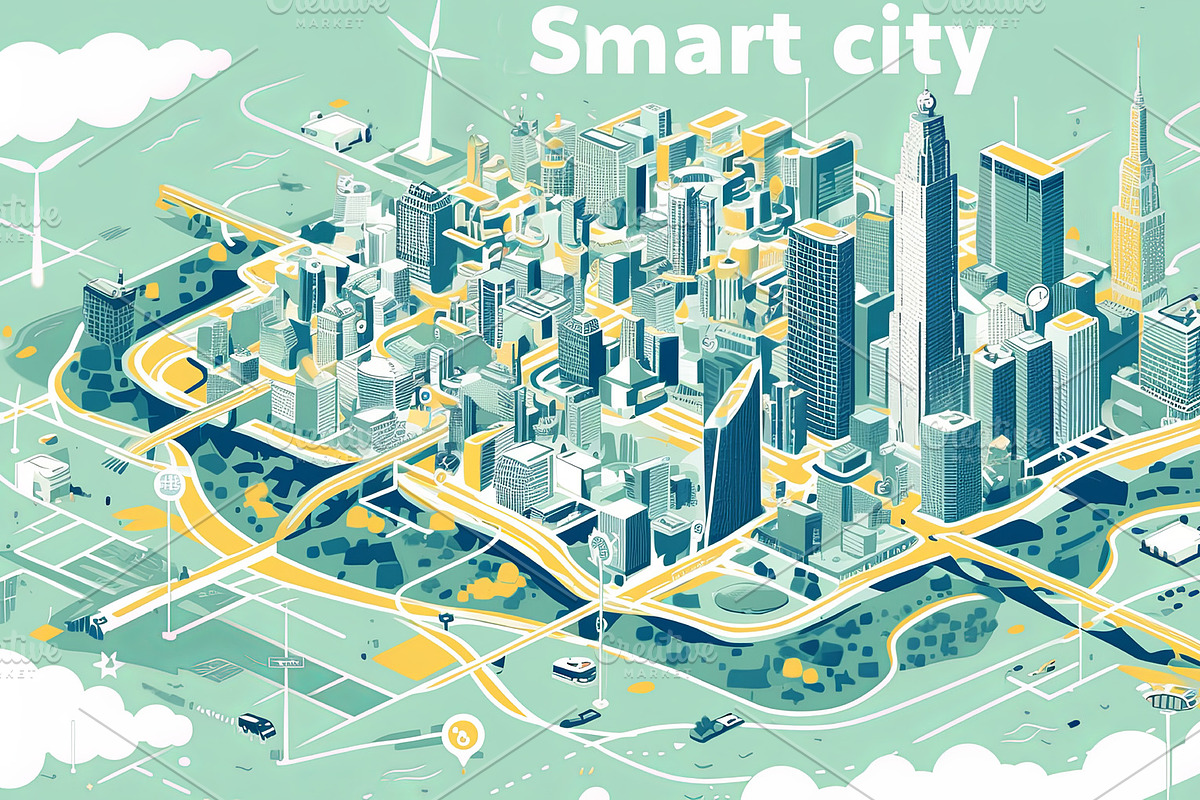 Hand drawn illustration of a futuristic smart city landscape, an Illustration by AS photostudio
