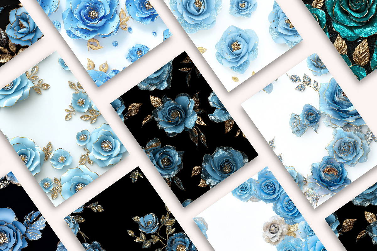 3D Sequin Sky Blue Roses Patterns