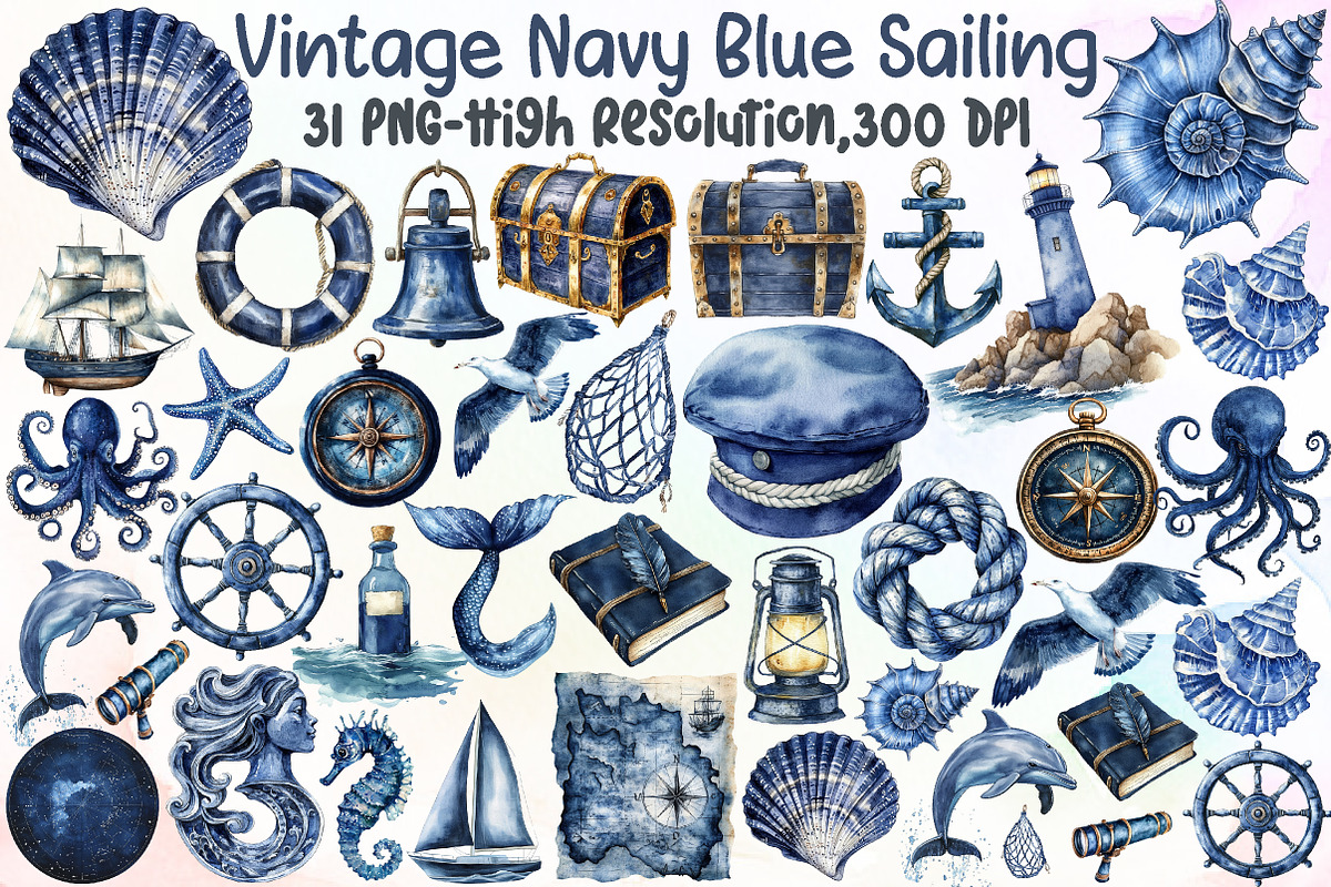Vintage Navy Blue Sailing Clipart, an Illustration by Sublimation Artist (Photo 1 of 6)