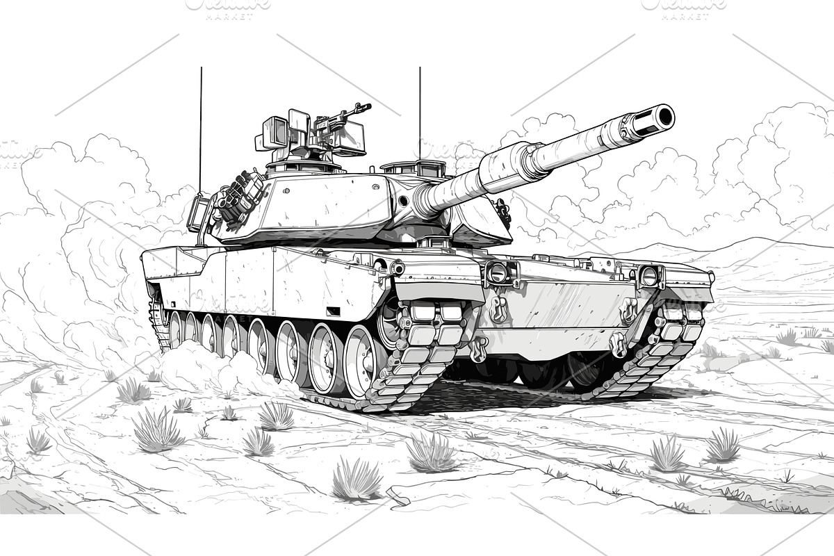 Tank Driving in the Desert Coloring, a Transportation Illustration by LadadikArt