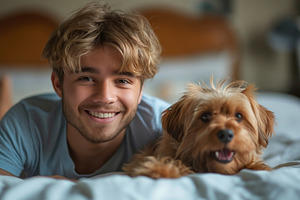 A smiling young Caucasian man relaxing on a bed with his playful dog, creating, a Person Photo by ImageMir