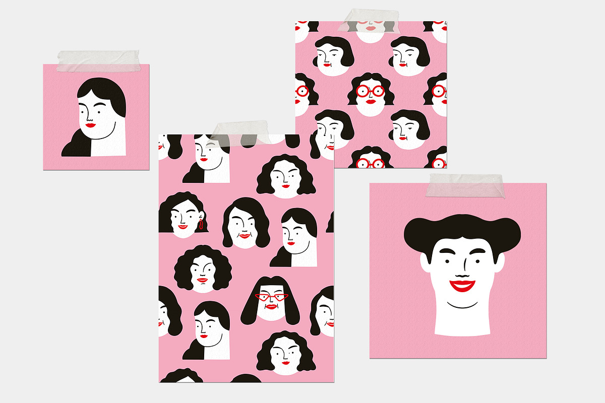 Pink Face Doodles Patterns and Clipart