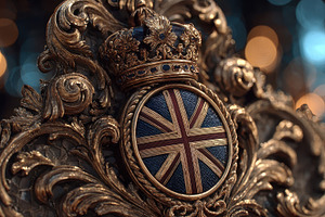 Ornate gold crown Union Jack emblem, a Photo by Pixeness Studio