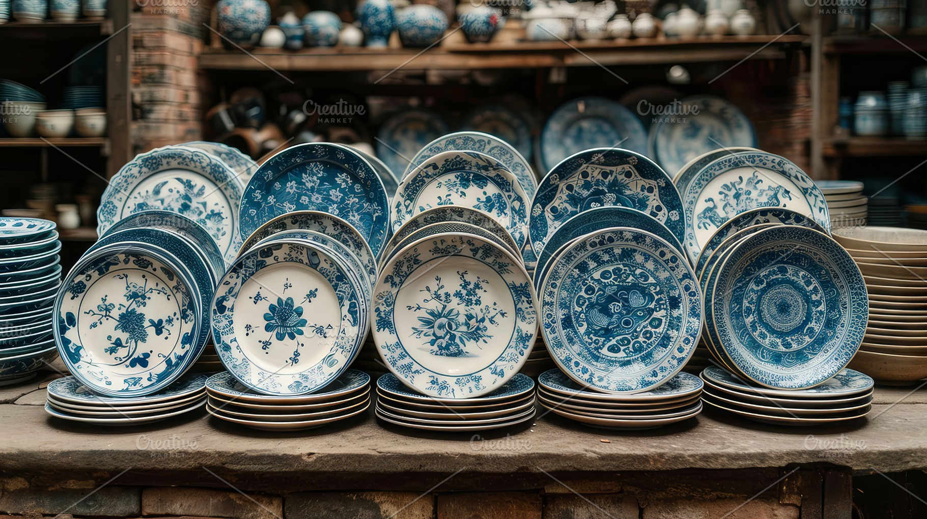 Elegant Display of Traditional Blue and White Chinese Porcelain Plates, a Photo by AS photostudio