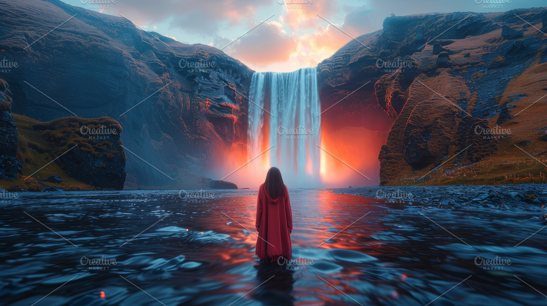Majestic Woman in Red Cape Standing Before a Dramatic Waterfall at Sunrise, a Photo by AS photostudio