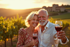 Senior couple enjoying glass of wine, a Food & Drink Photo by angellodeco
