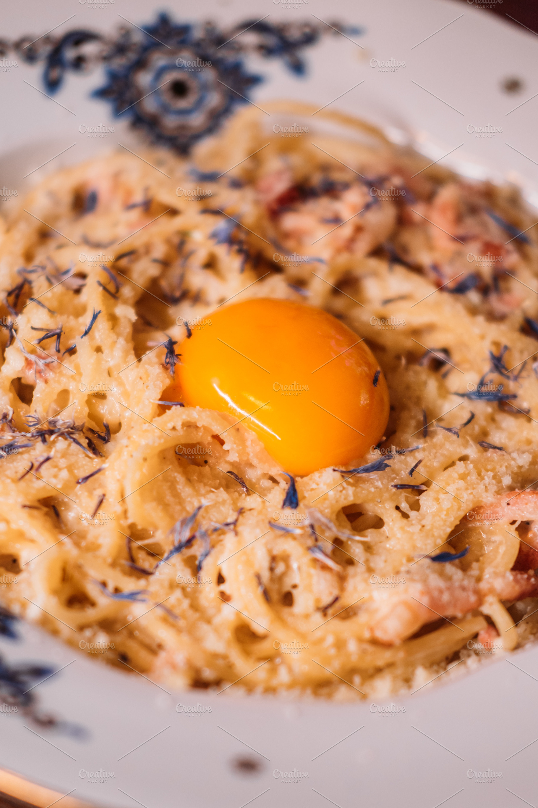 Noodles plate tasty macaroni pasta egg carbonara, a Food & Drink Photo by Photo Drive Studio