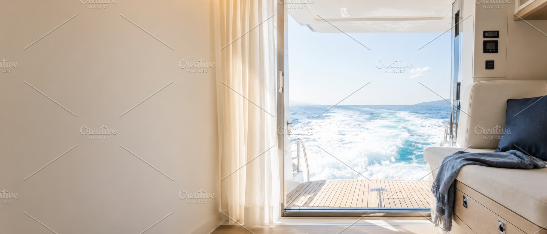 Yacht interior view with ocean horiz, a Photo by Dvoevnore photos
