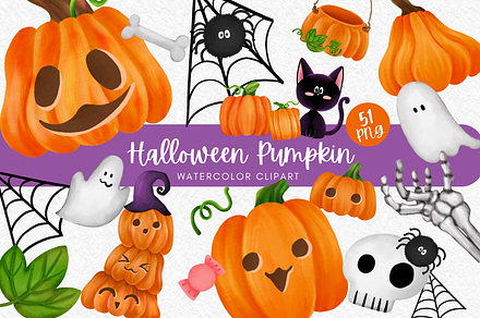 Halloween pumpkin watercolor clipart, an Illustration by AkiraVilla