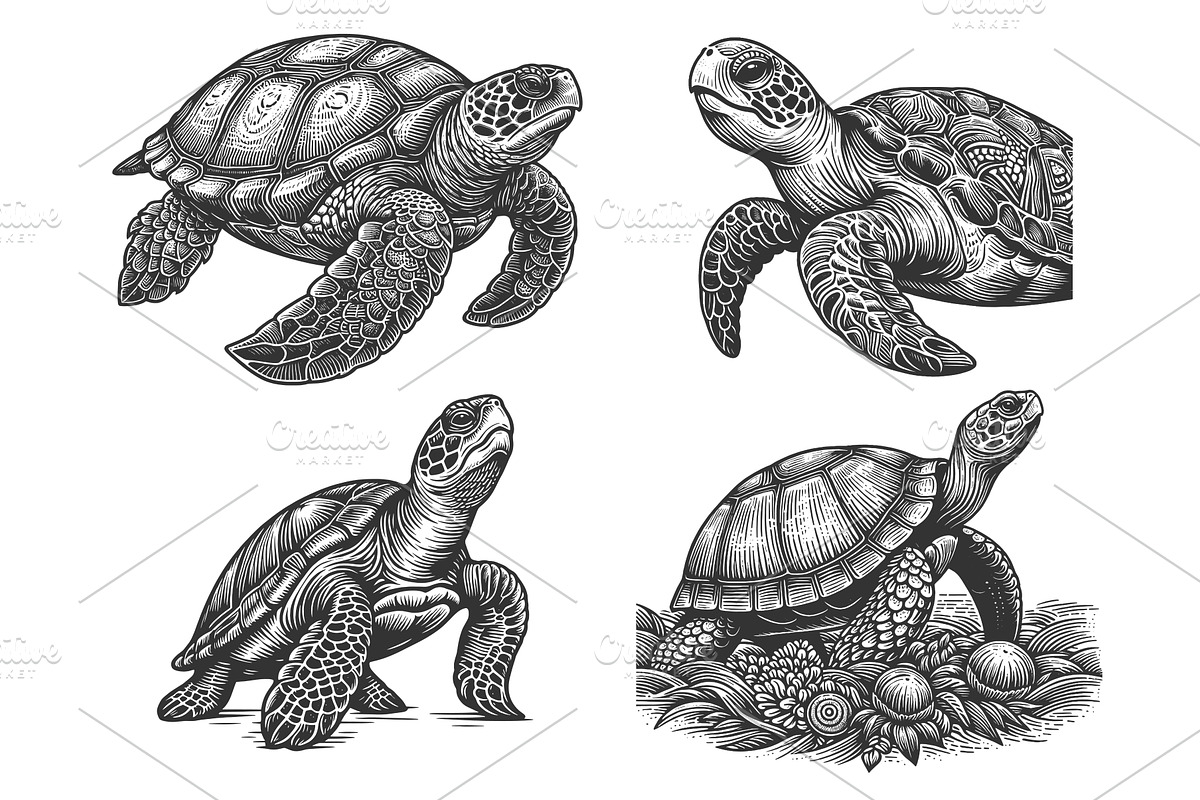 Sea Turtle engraving set vector, an Animal Illustration by AlexArt