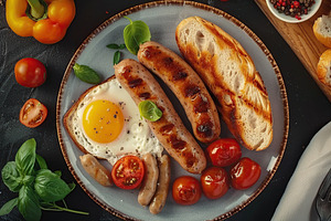 Tasty english breakfast with sausages, eggs, vegetables on the table, a Food & Drink Photo by AlyaAnd