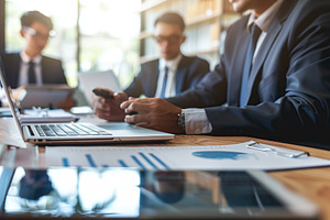Diverse businesspeople sitting at office desk discussing business project toget, a Business Photo by AlyaAnd