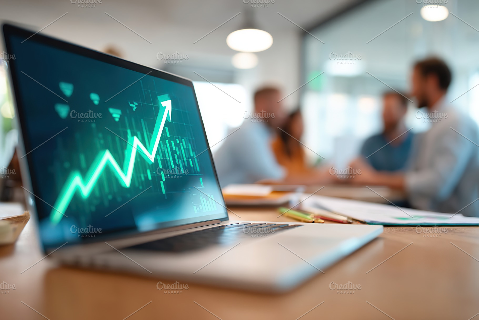 Close-up of a laptop showing a growth chart in a modern office with colleagues, a Business Photo by AlyaAnd