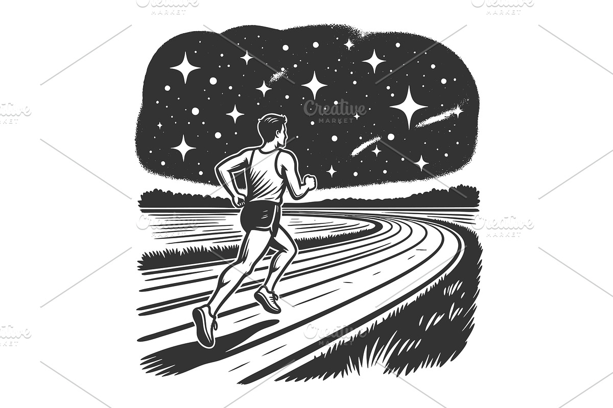 Man Running Under Starry Night Sky, a Sport Illustration by AlexArt