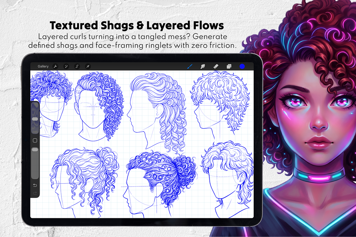 240 Curly Hair Procreate Stamps, a Brush Add-On by Selentaori Studio (Photo 9 of 12)