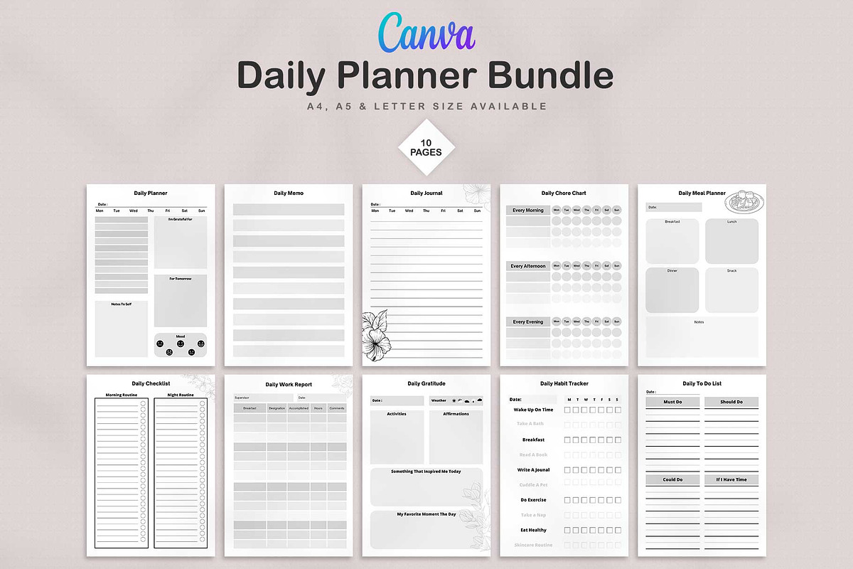 Canva Daily Planner Bundle, a Stationery Template by MaxSimplify