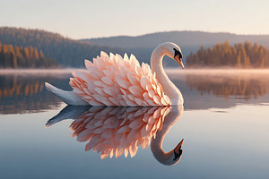 Elegant swan gliding on calm water at sunrise in a serene landscape, a Photo by AlyaAnd