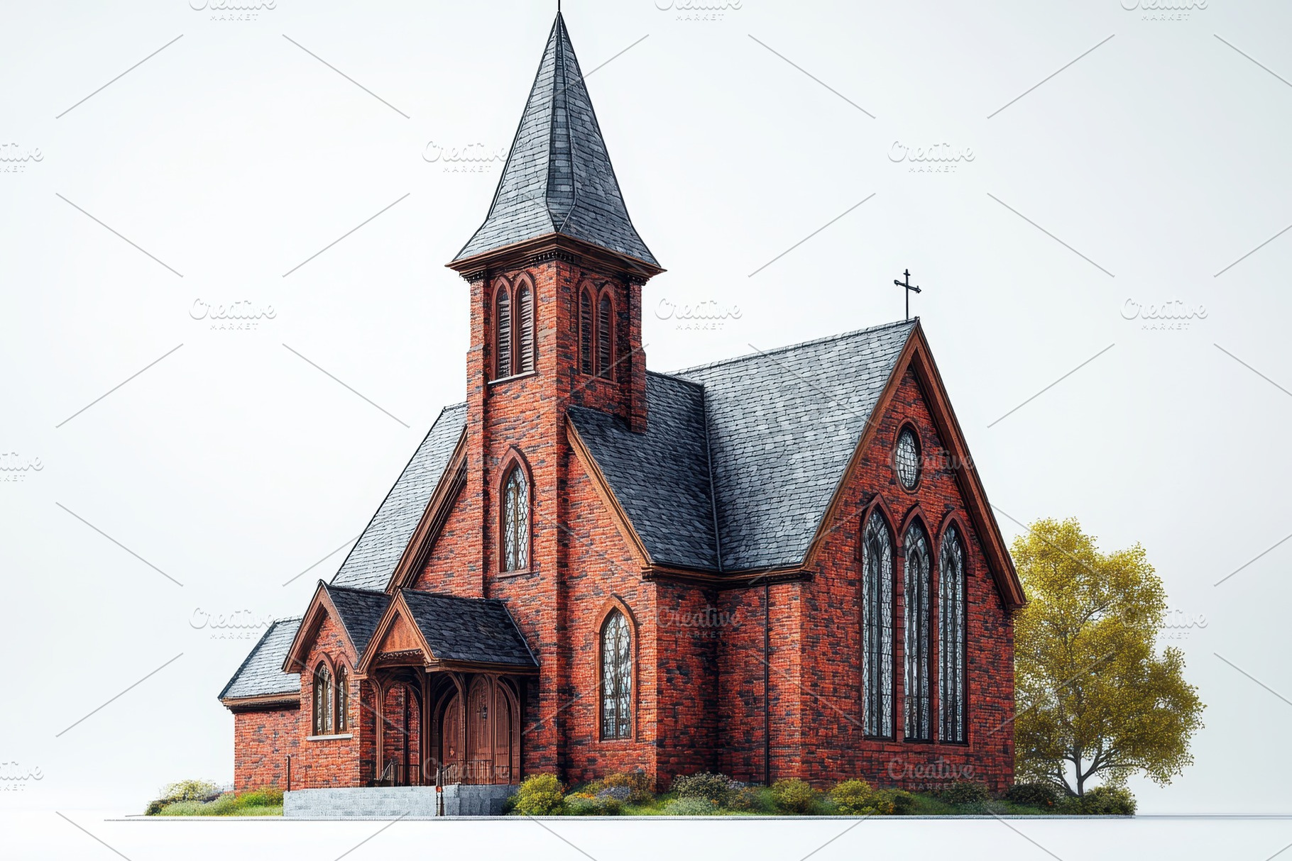 Beautiful red brick church with a ta, a Photo by Tanuart