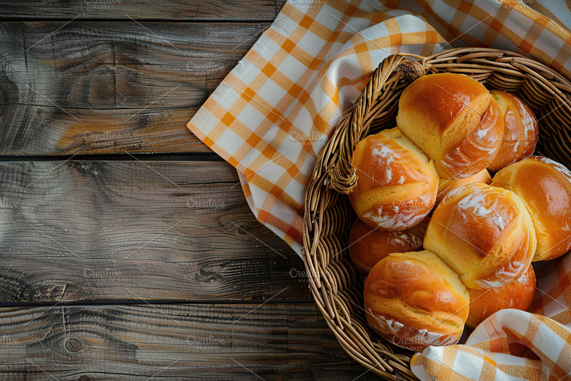 Freshly different baked buns in basket on wooden table, a Food & Drink Photo by AlyaAnd