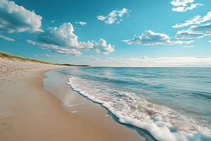 Summer beach day with soft waves and a clear blue sky by the serene shoreline, a Photo by AlyaAnd
