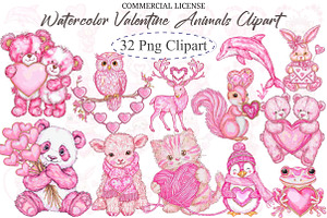 Watercolor Valentine Animals Clipart, an Illustration by designcity5
