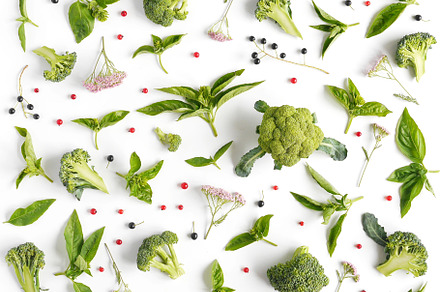 Green basil leaves and broccoli