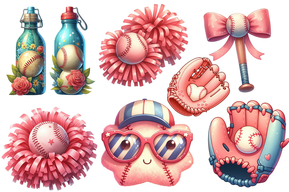 Watercolor Retro Girly Baseball Clip, an Illustration by Designworld (Photo 3 of 7)