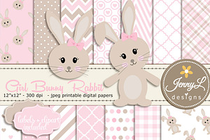 Girl Bunny Rabbit Digital Paper, a Pattern Graphic by JennyL Designs