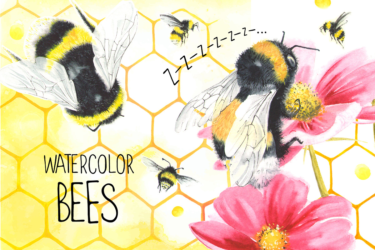 Watercolor bees, an Illustration by Olga Bonitas (Photo 1 of 7)