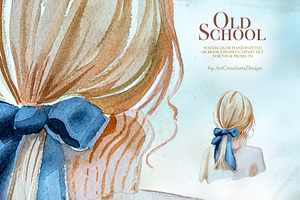 Watercolor Old School Clipart Set