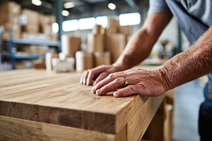 Craftsmanship in woodworking: hands on a wooden table, an Industrial Photo by AlyaAnd