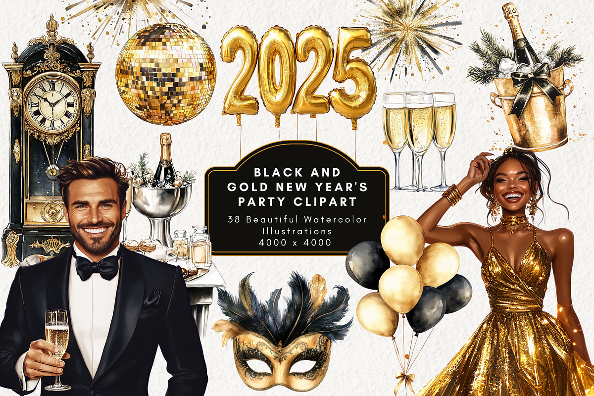 Black & Gold New Years Party Clipart, an Illustration by NadiaTheronArt (Photo 1 of 5)