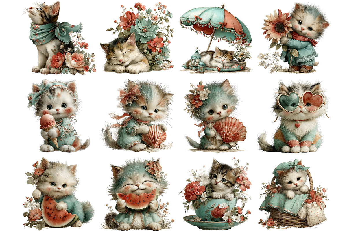 Whimsical Summer Cats Clipart, an Illustration by DreamArtGraphic (Photo 2 of 5)