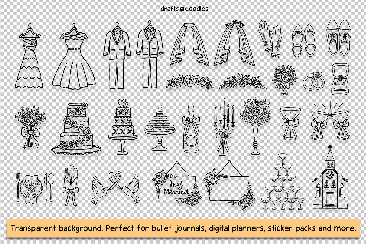 Whimsical Wedding Line Art Clipart, an Object Illustration by Drafts n Doodles (Photo 3 of 3)