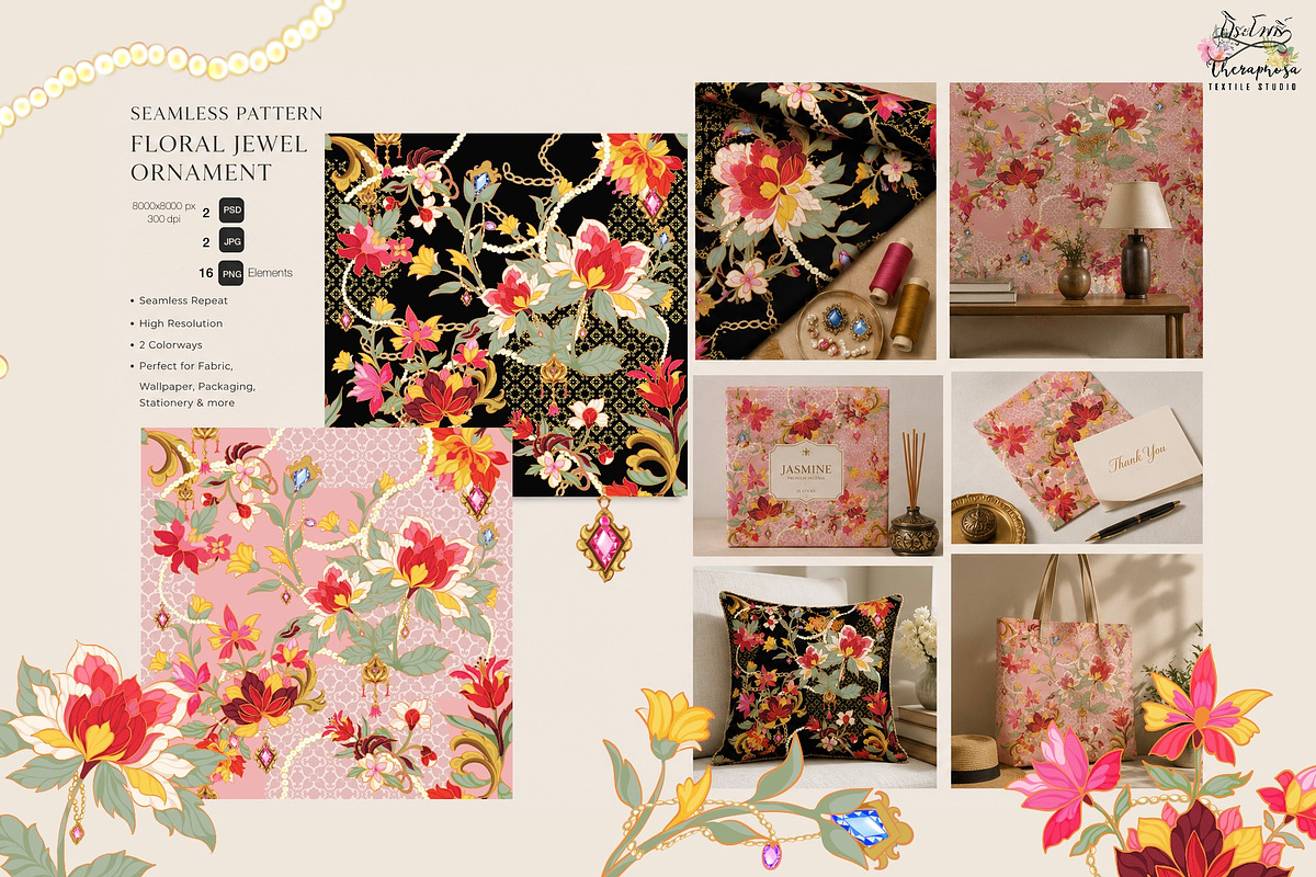 Royal floral jewel seamless pattern., a Pattern Graphic by Theraphosath (Photo 1 of 4)