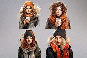 Watercolor Winter Girl Cliparts