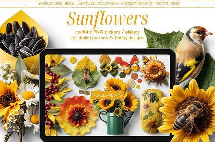 Sunflowers Realistic PNG Objects, an Object Graphic by Iconogenic