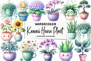 Watercolor Kawaii House Plant Clipar, an Illustration by DreamArtGraphic