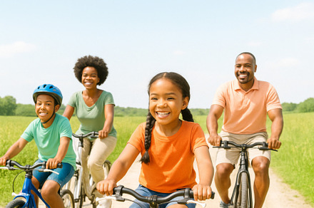 Family biking outdoors under clear s, a Photo by Dvoevnore photos