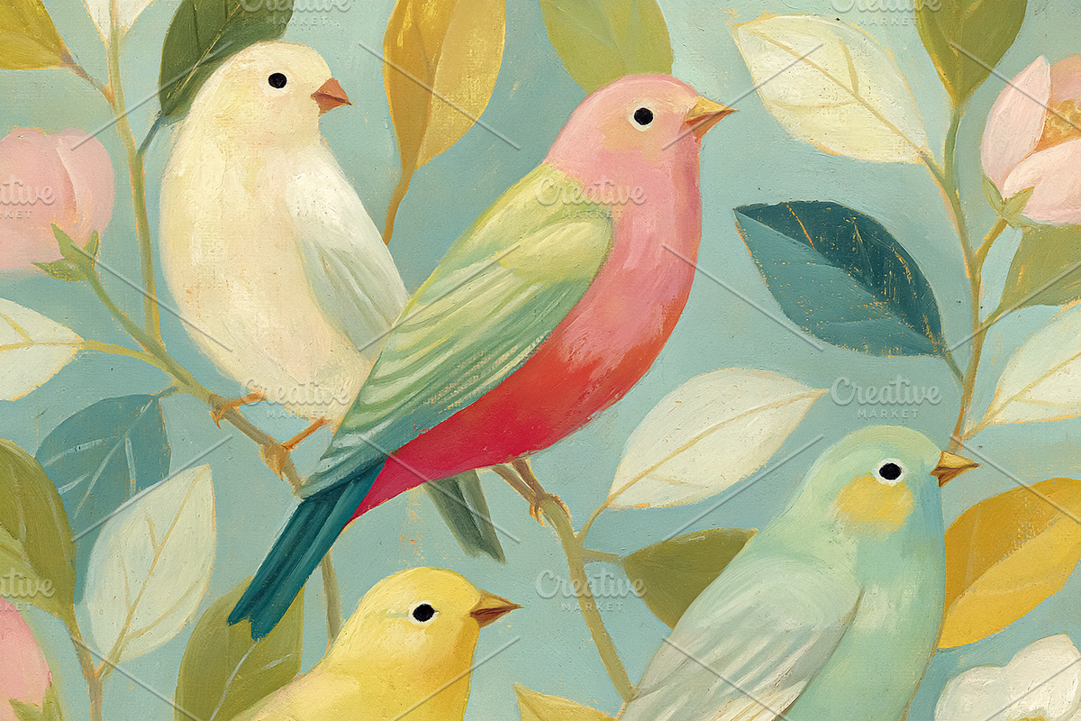 Numerous colorful birds sitting on leaf laden tree branches, for, an Illustration by Studio ANNA