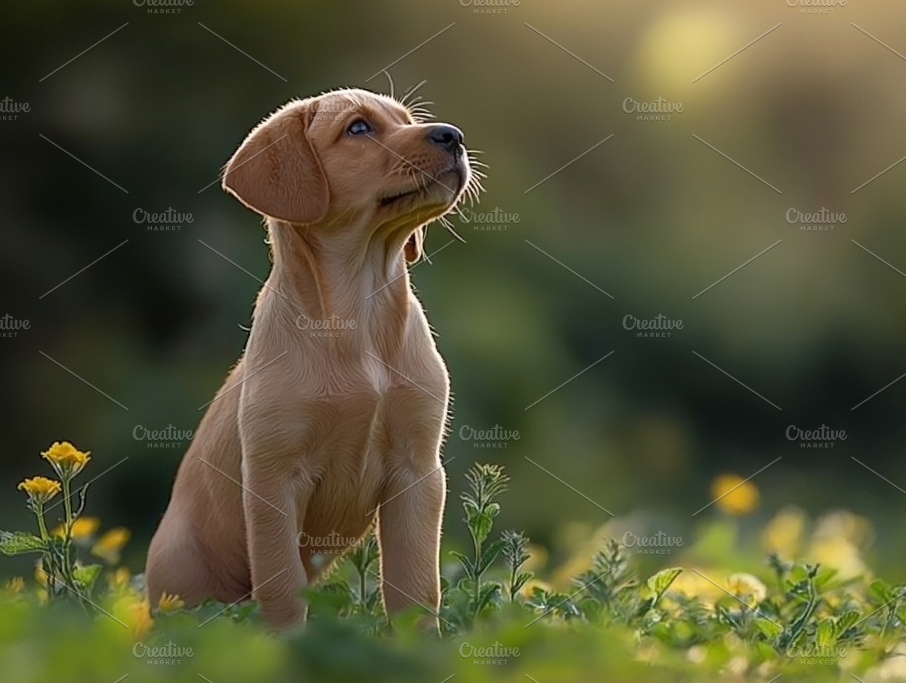A curious golden Labrador puppy sits among vibrant flowers, gazing thoughtfully, an Animal Photo by ImageMir