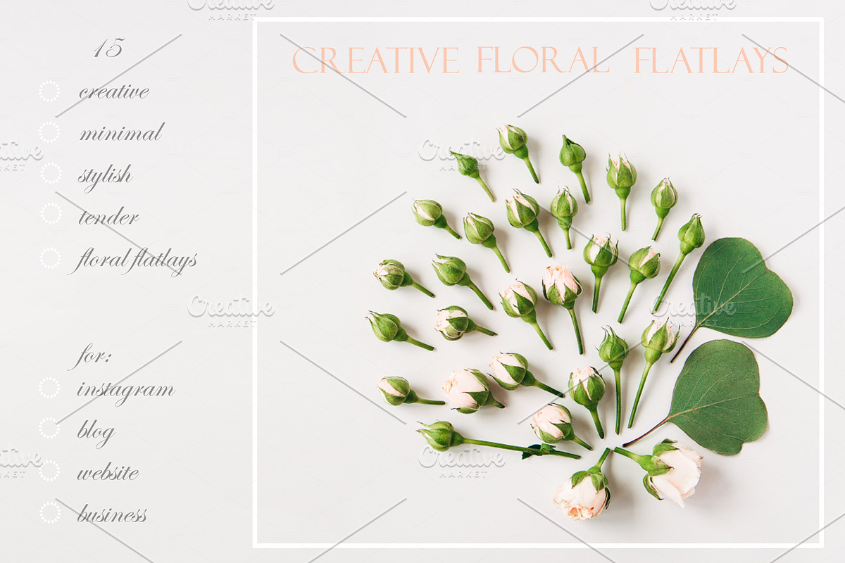 Creative floral flat lays bundle, a Print Template by Kolomiyets Viktoriya (Photo 1 of 5)