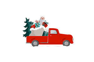 Christmas red truck with Xmas tree, an Object Illustration by Toltemara