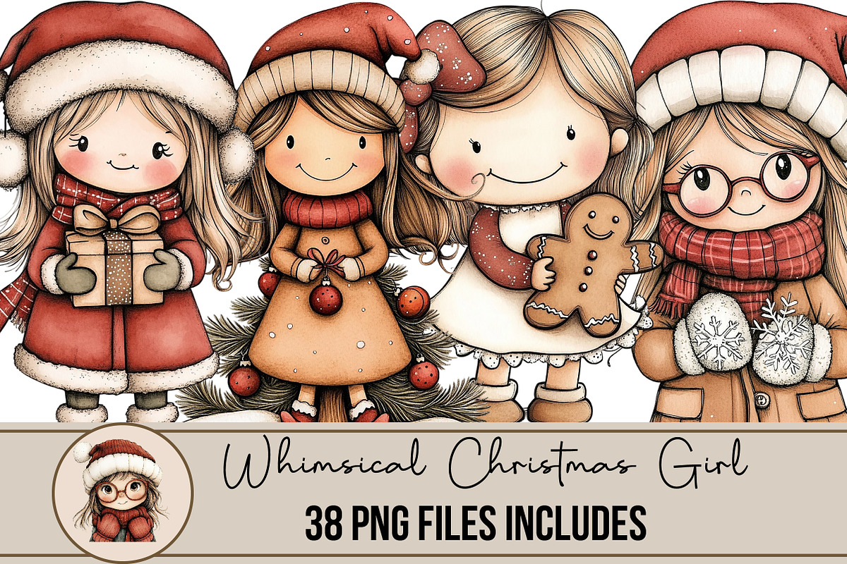 Whimsical Christmas Girl Clipart, an Illustration by DreamArtGraphic (Photo 1 of 4)