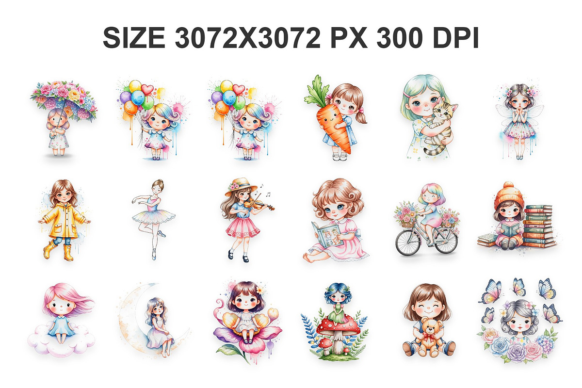 Asset Watercolor Cute Girl Child, a Decorative Illustration by Eka Design (Photo 3 of 5)